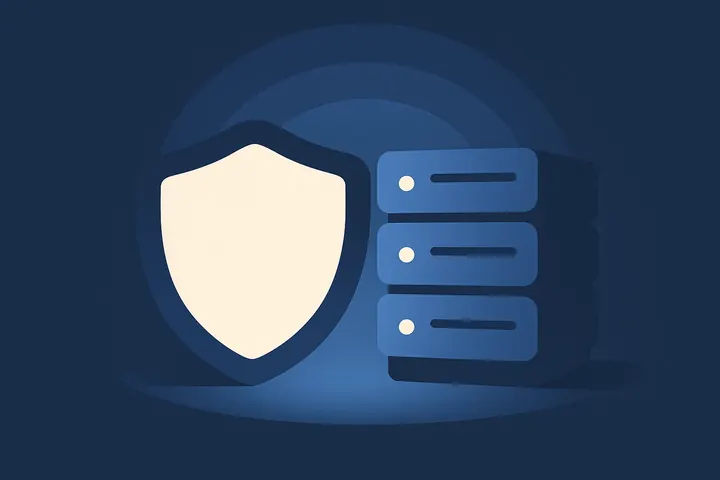 Illustration éditoriale d'un bouclier et de baies serveurs stylisés aux tons bleu marine symbolisant la cybersécurité