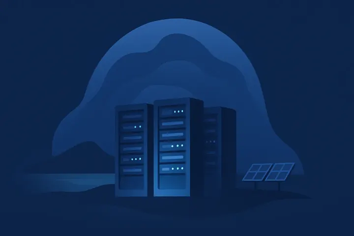 Illustration de baies de serveurs protégées sur fond marine, datacenter local en Nouvelle-Calédonie