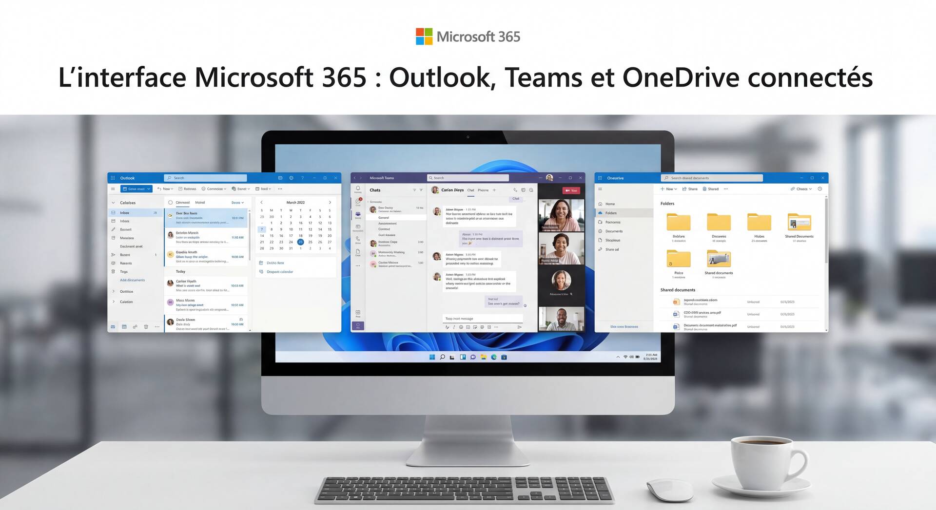 Interface Microsoft 365 avec Outlook, Teams et OneDrive sur écran d'ordinateur professionnel
